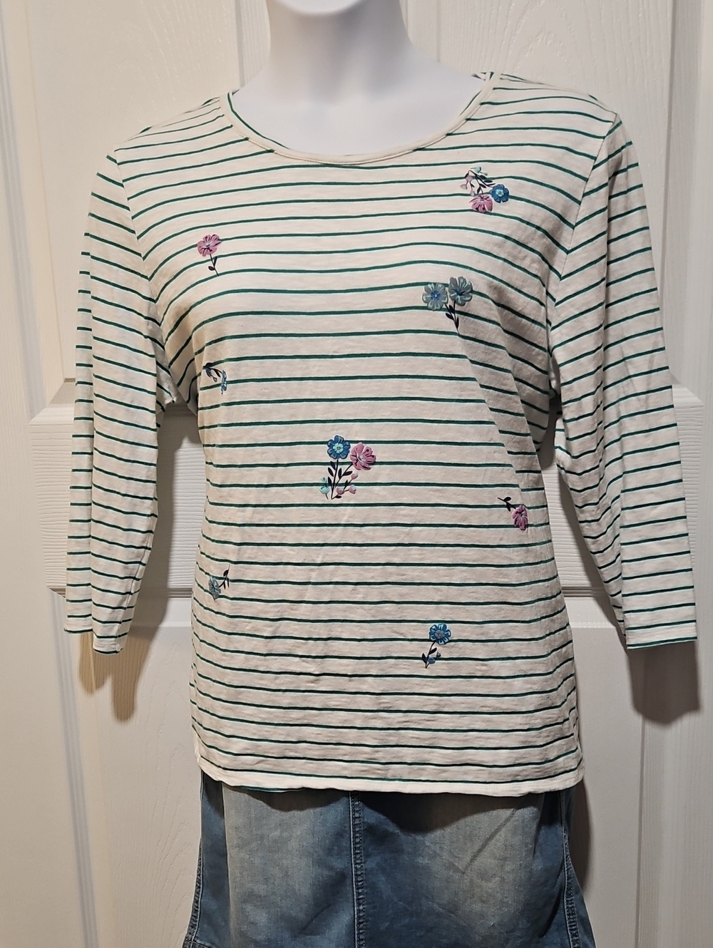 Laura Scott Striped 3/4 Tee with Pink & Blue Floral Print